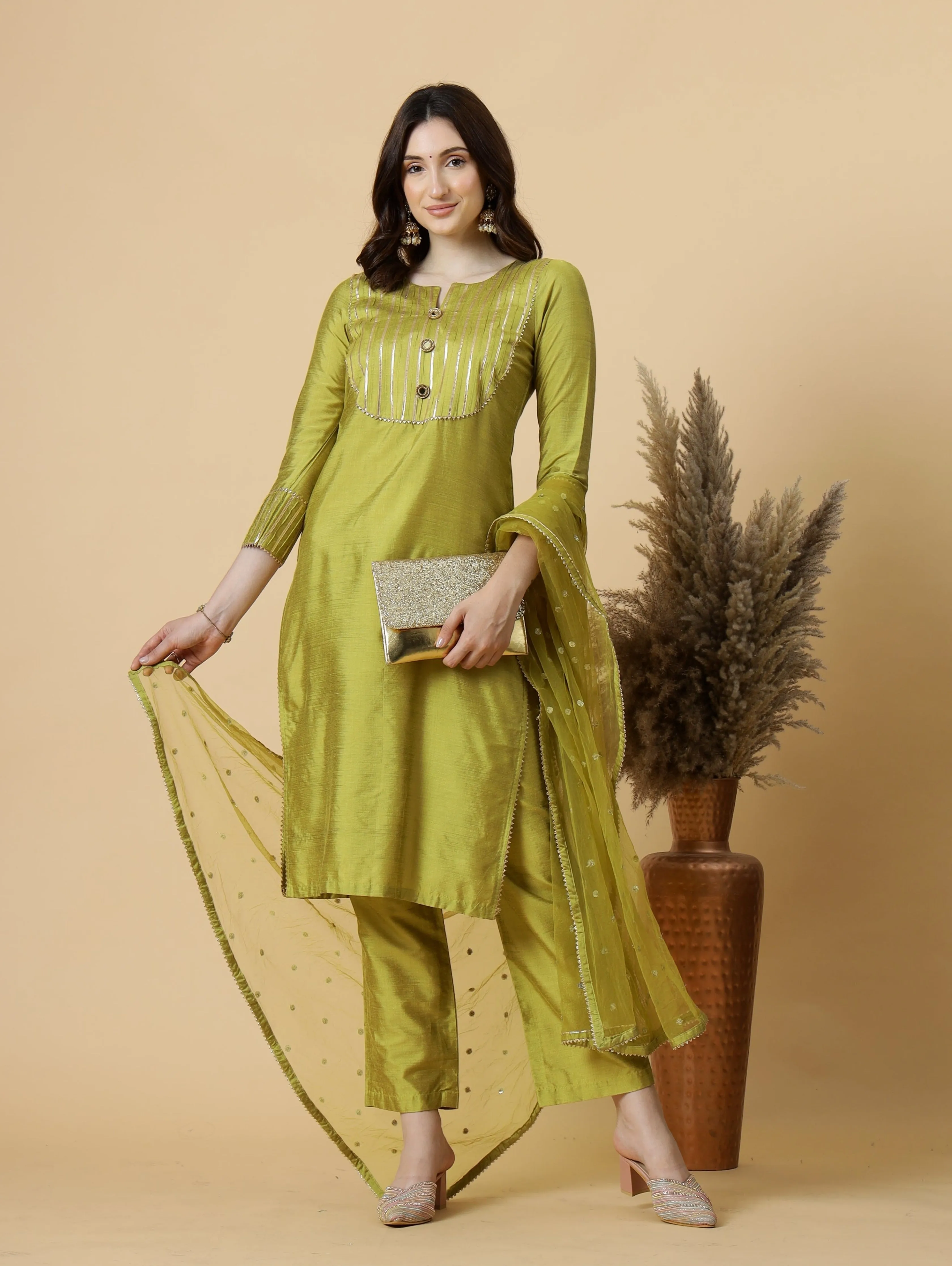 Stylish Lawn Green Kurti-Palazzo Set paired with Sequin Dupatta