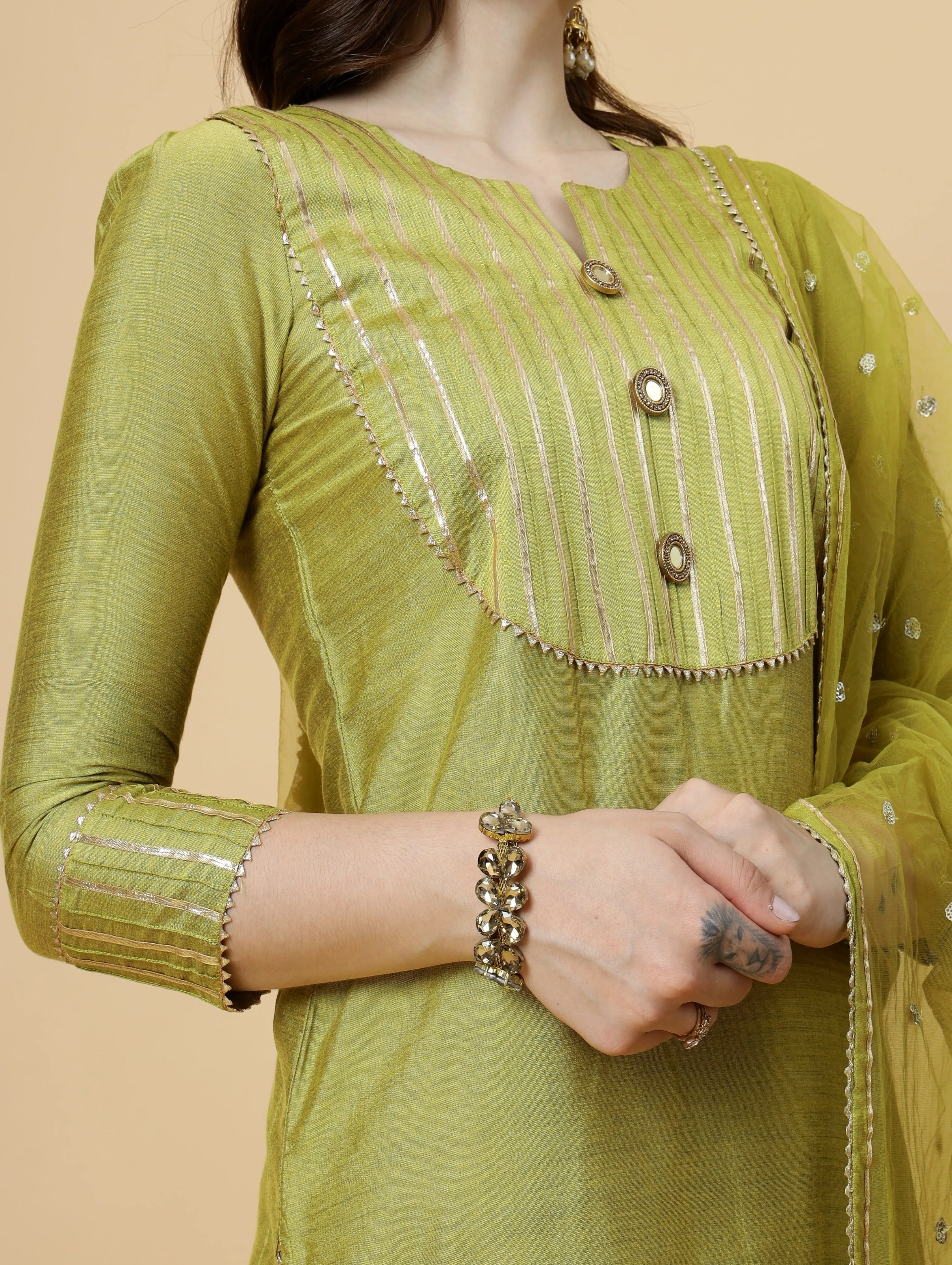 Stylish Lawn Green Kurti-Palazzo Set paired with Sequin Dupatta