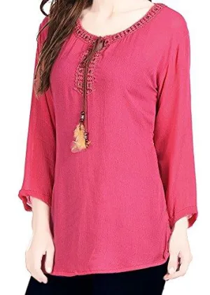 Triumphin Deep Pink Women Short Tunic Kurti for jeans Embroidered Cotton Top For Daily wear Stylish Casual and Western Wear Women / Girls Top