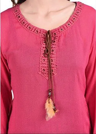 Triumphin Deep Pink Women Short Tunic Kurti for jeans Embroidered Cotton Top For Daily wear Stylish Casual and Western Wear Women / Girls Top