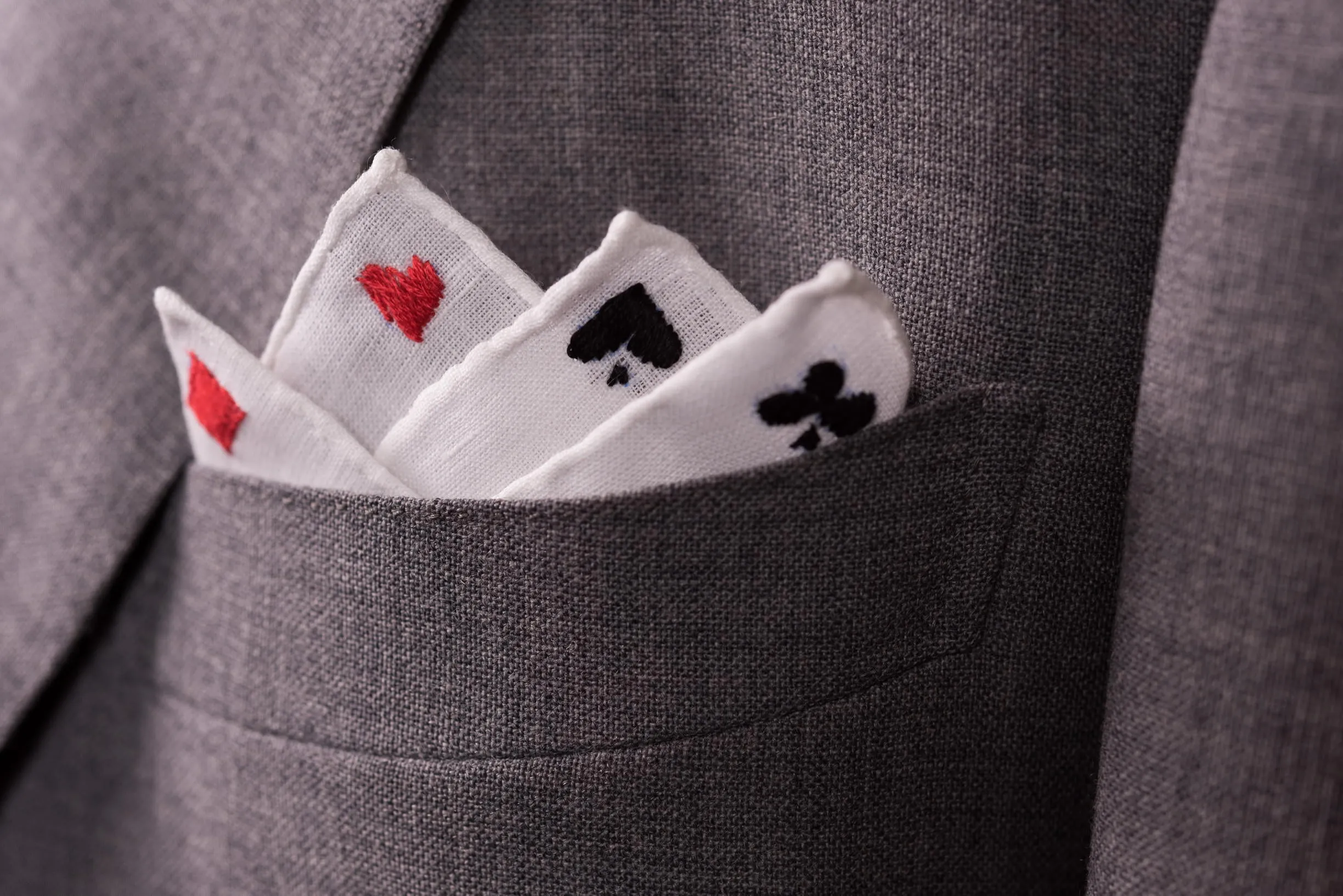 White Poker Card Suits Embroidered Linen Pocket Square