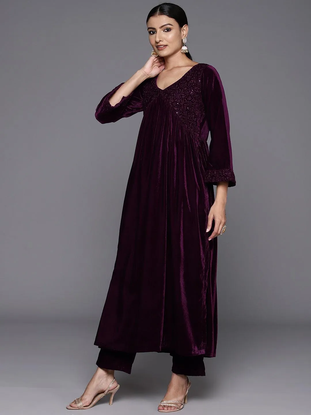 Wine Embroidered Velvet A-Line Kurta With Trousers & Dupatta