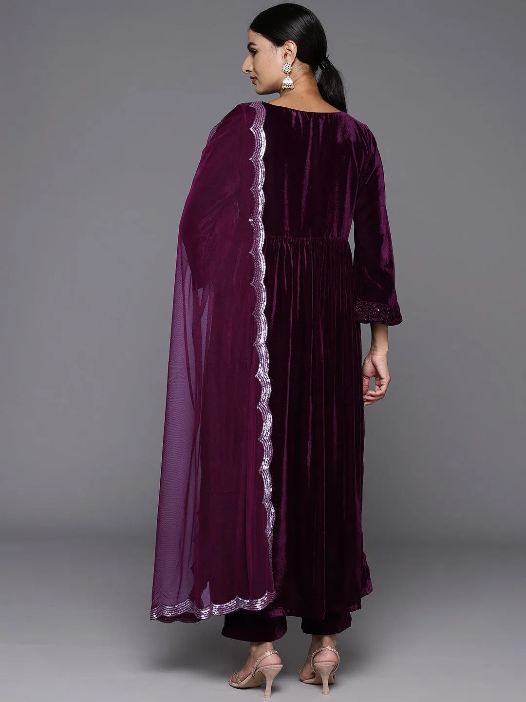 Wine Embroidered Velvet A-Line Kurta With Trousers & Dupatta