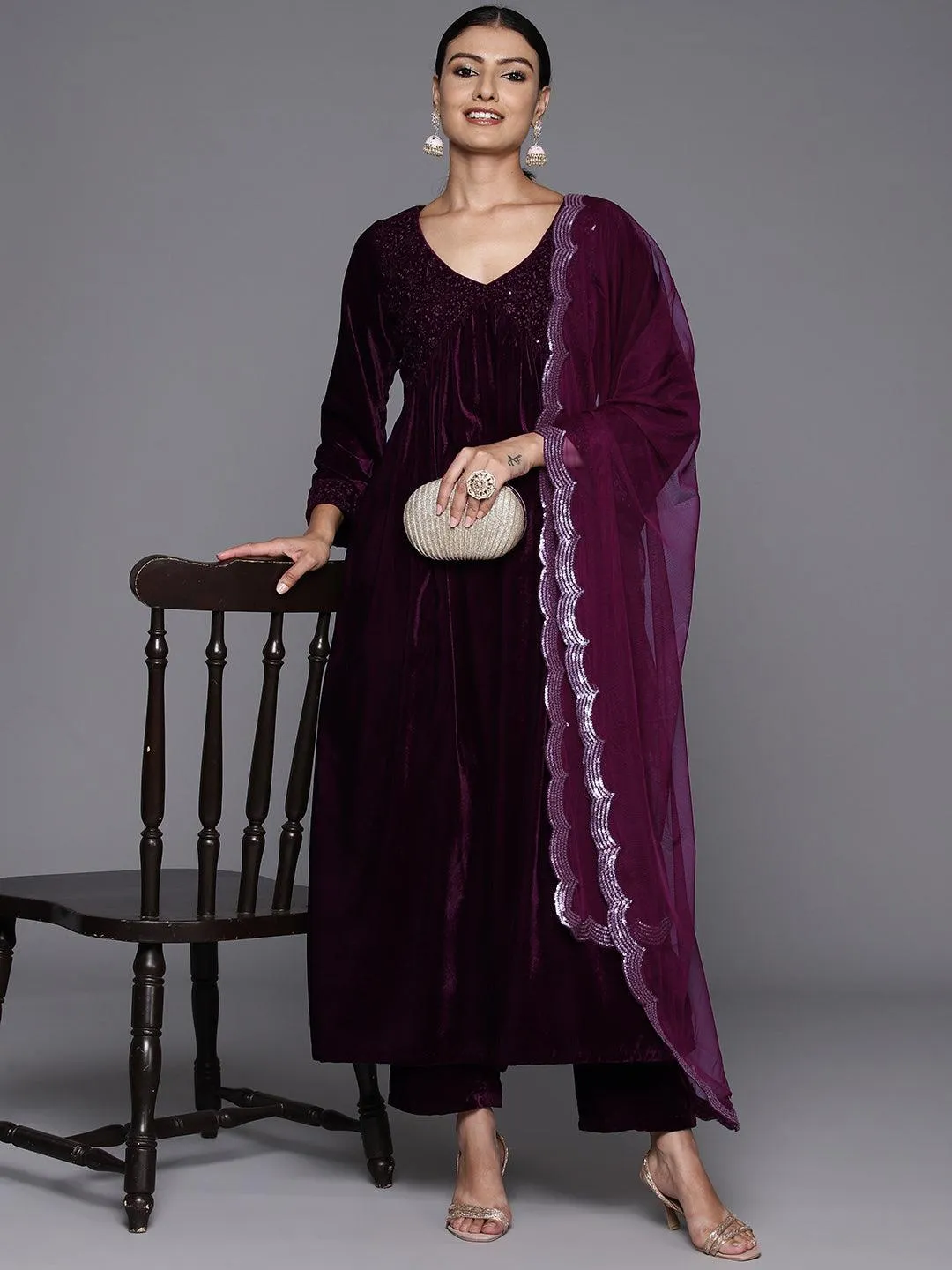 Wine Embroidered Velvet A-Line Kurta With Trousers & Dupatta