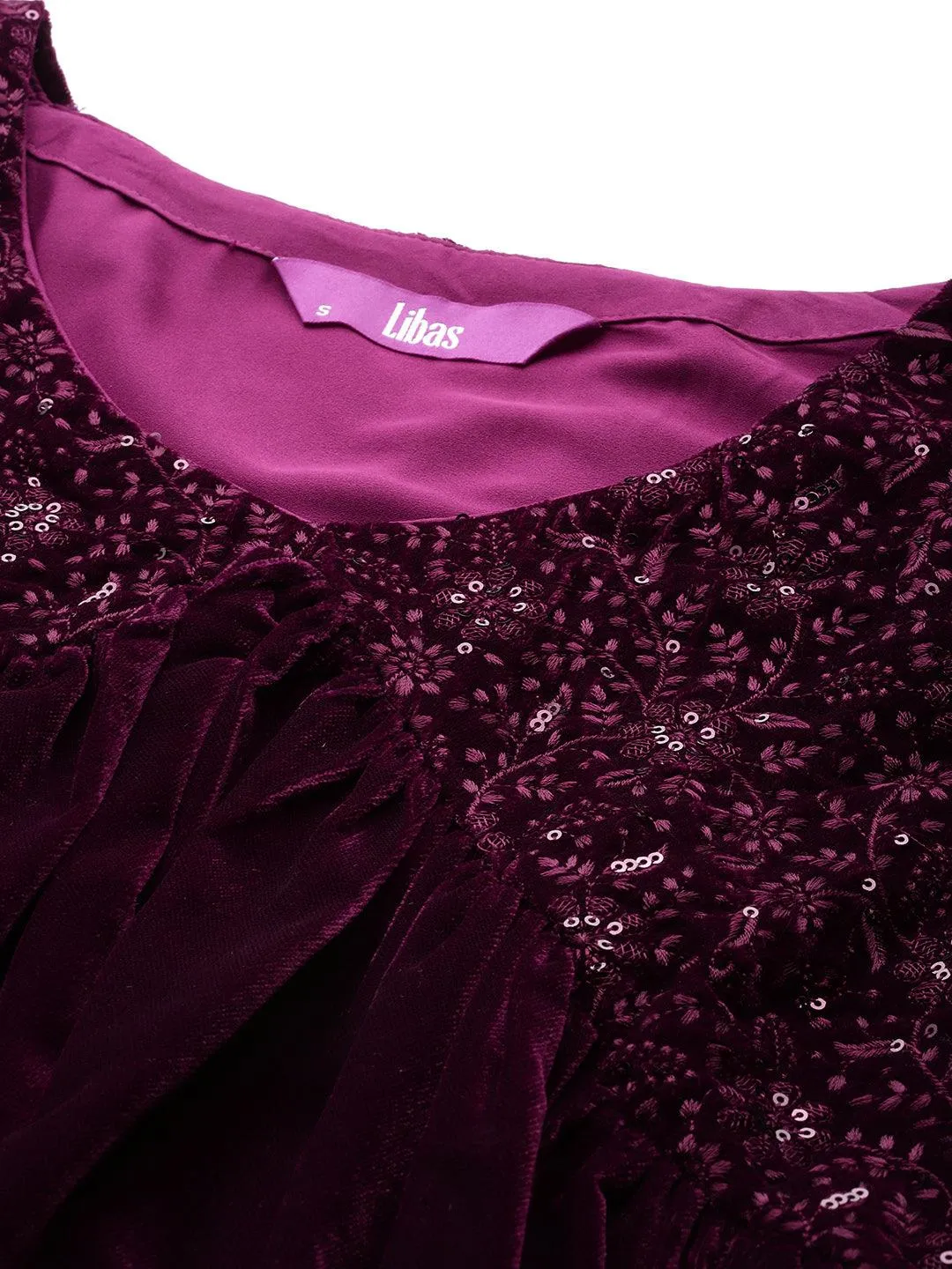 Wine Embroidered Velvet A-Line Kurta With Trousers & Dupatta