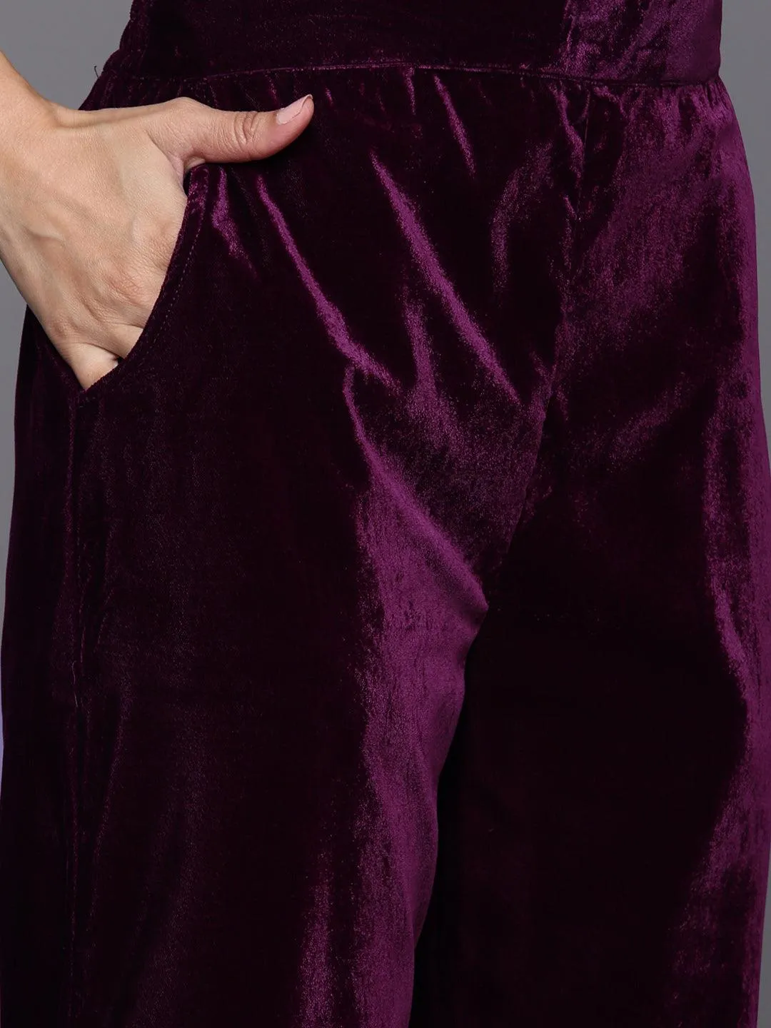 Wine Embroidered Velvet A-Line Kurta With Trousers & Dupatta