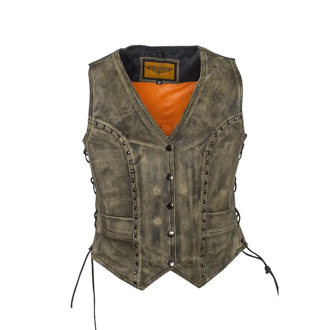 Women's Distressed Brown Leather Motorcycle Vest With Side Laces Stud Trim