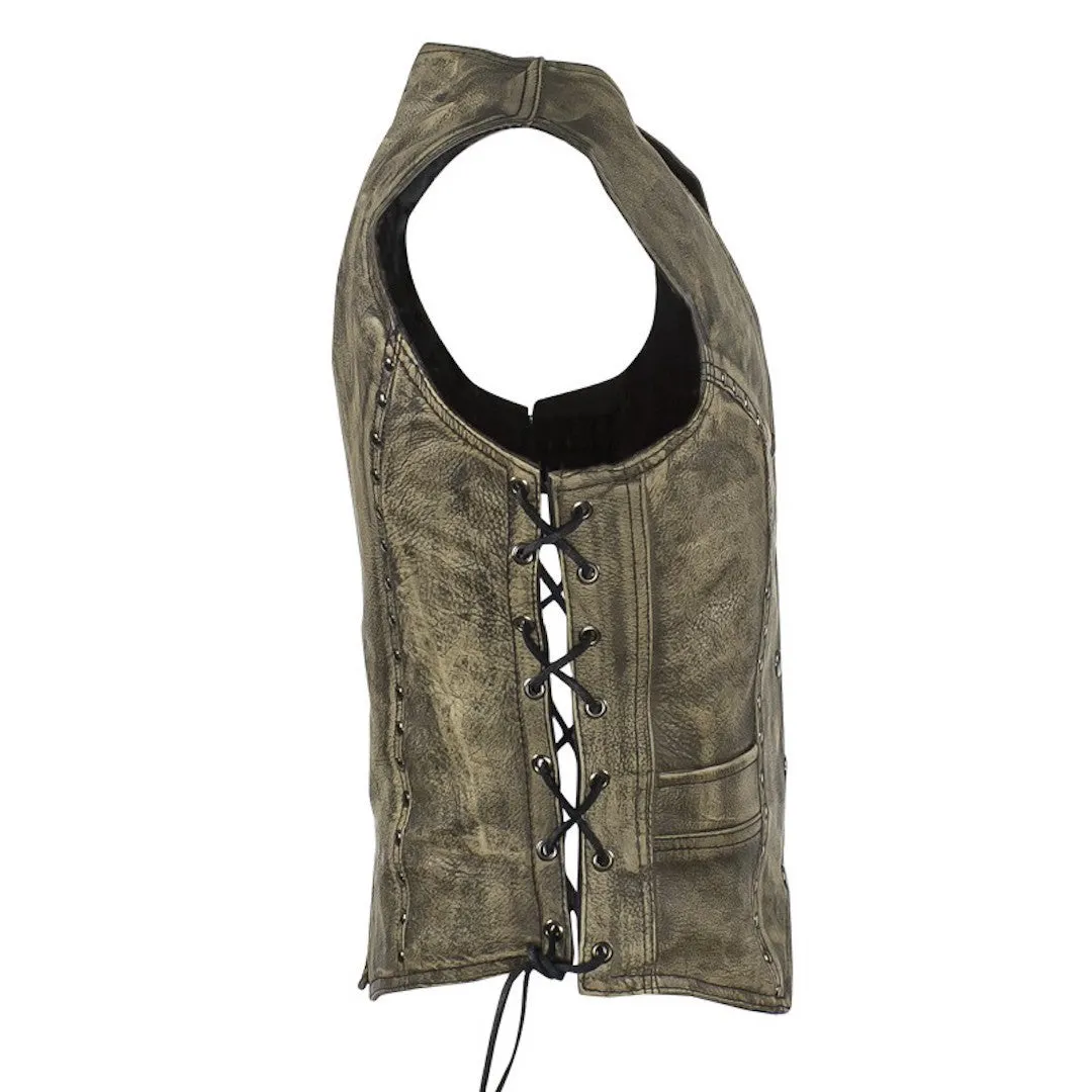 Women's Distressed Brown Leather Motorcycle Vest With Side Laces Stud Trim