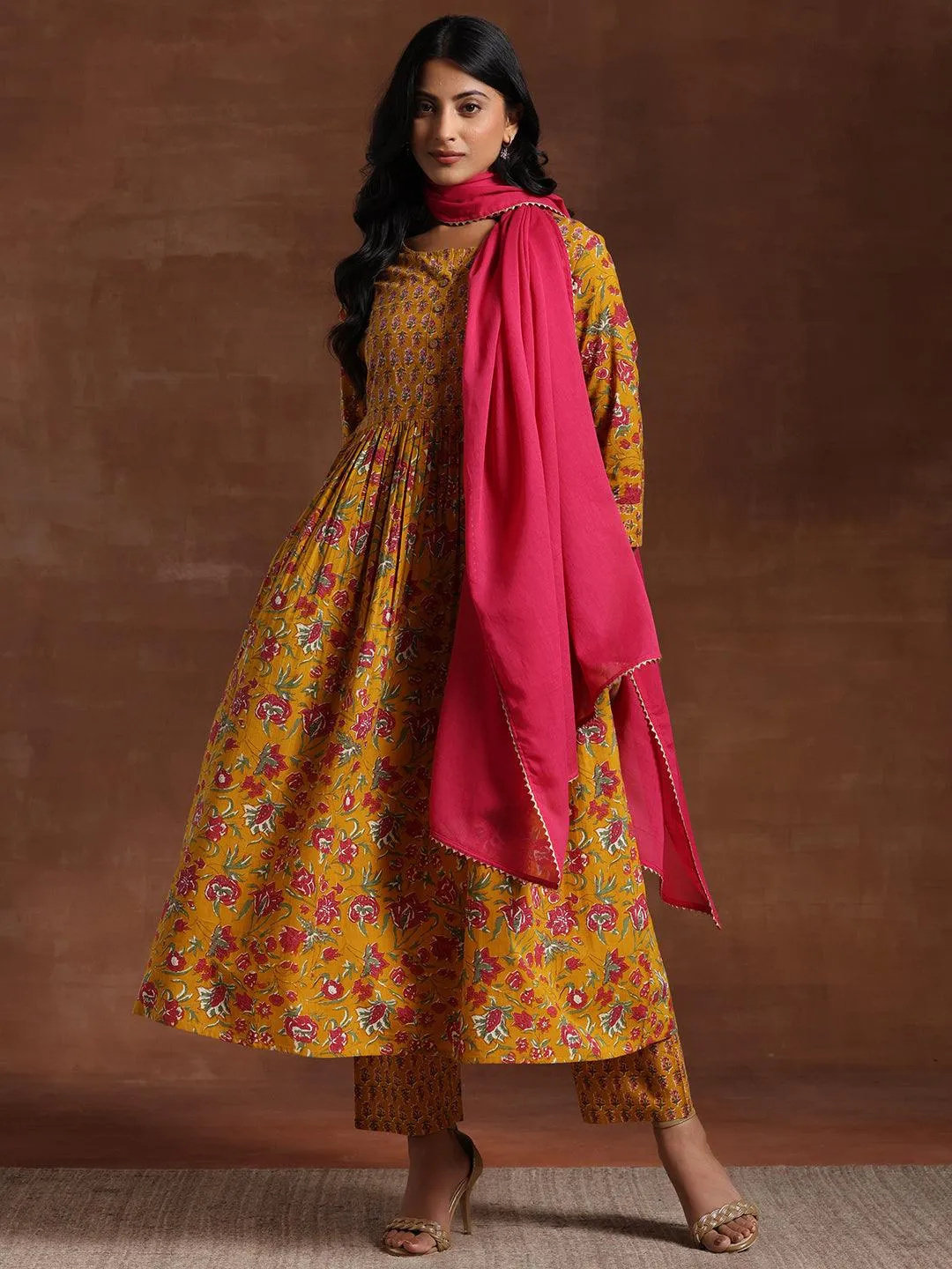 Yellow Printed Pure Cotton Anarkali Suit With Dupatta