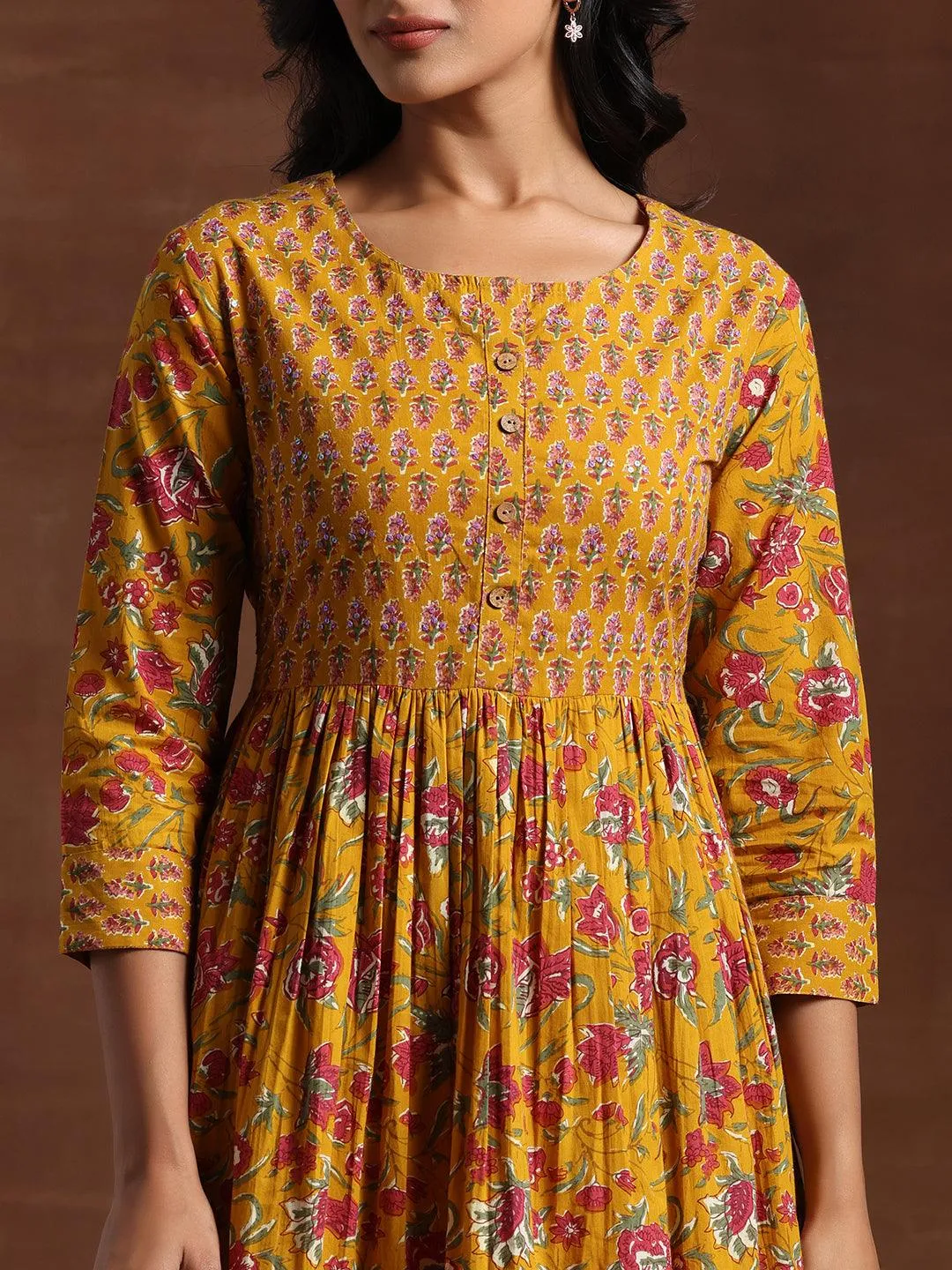 Yellow Printed Pure Cotton Anarkali Suit With Dupatta